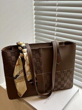 Shoulder Bag With Ribbon Fashion Plaid Pattern Tote Bag Popular PU Leather.